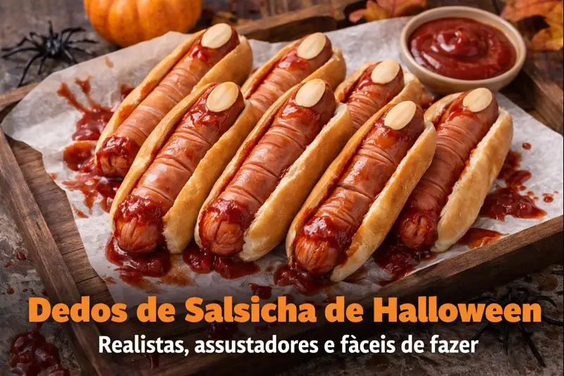 Dedos de salsicha de Halloween: hot dog temático fácil e divertido