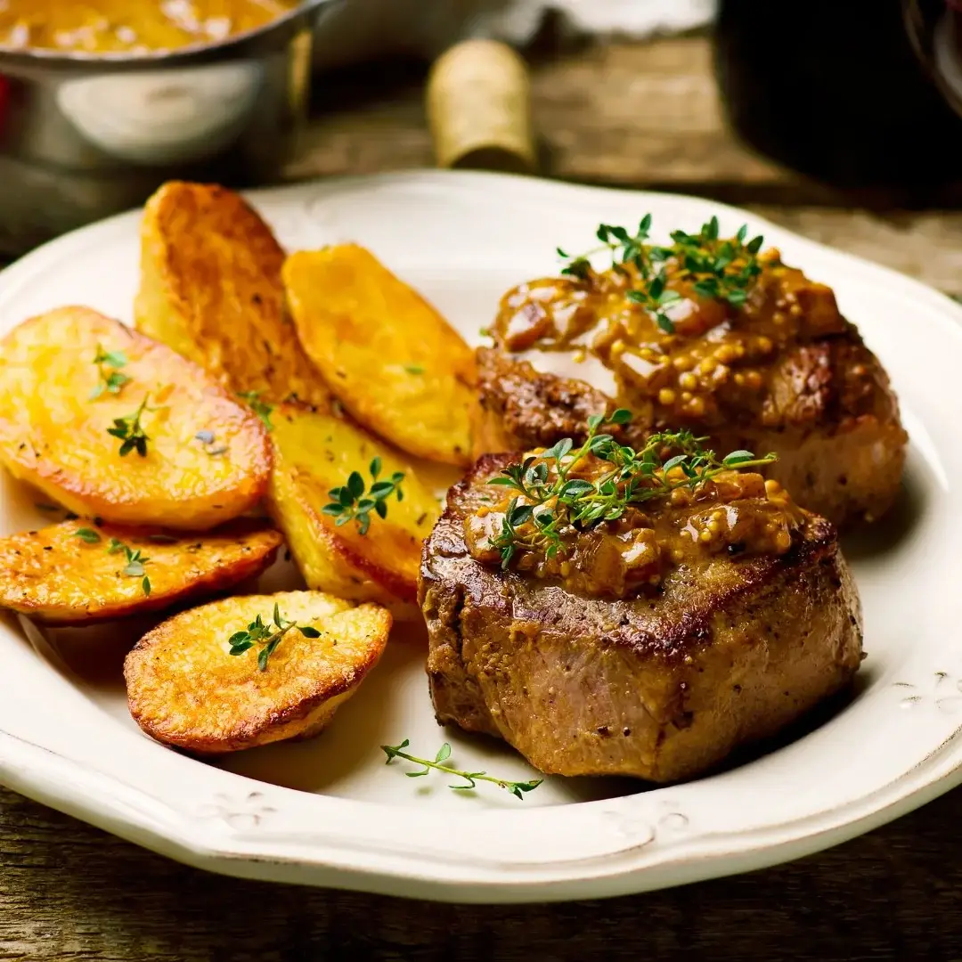 Filé mignon ao molho madeira com batatas rústicas